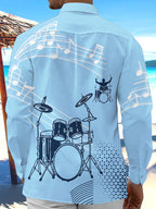 Oceanlyte Men's Graphic Drum Kit Print Music Notes Print Long Sleeve Shirt with Chest Pocket