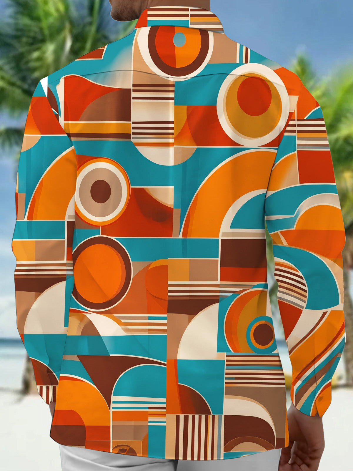 Oceanlyte Men's Retro Geometric Circles And Stripes Print Long Sleeve Shirt with Chest Pocket
