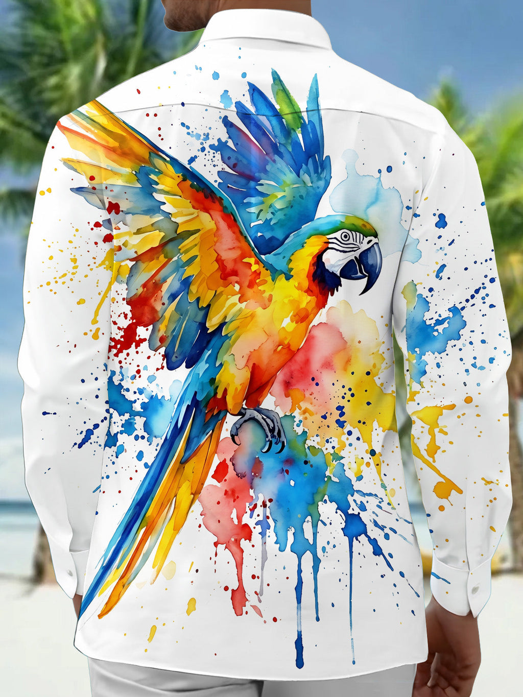 Oceanlyte Men's Short Sleeve Shirt - Watercolor Macaw Parrot With Splatter Paint Print with Chest Pocket