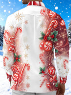 Oceanlyte Men's Christmas Candy Canes And Holly Berries Print Long Sleeve Shirt with Chest Pocket