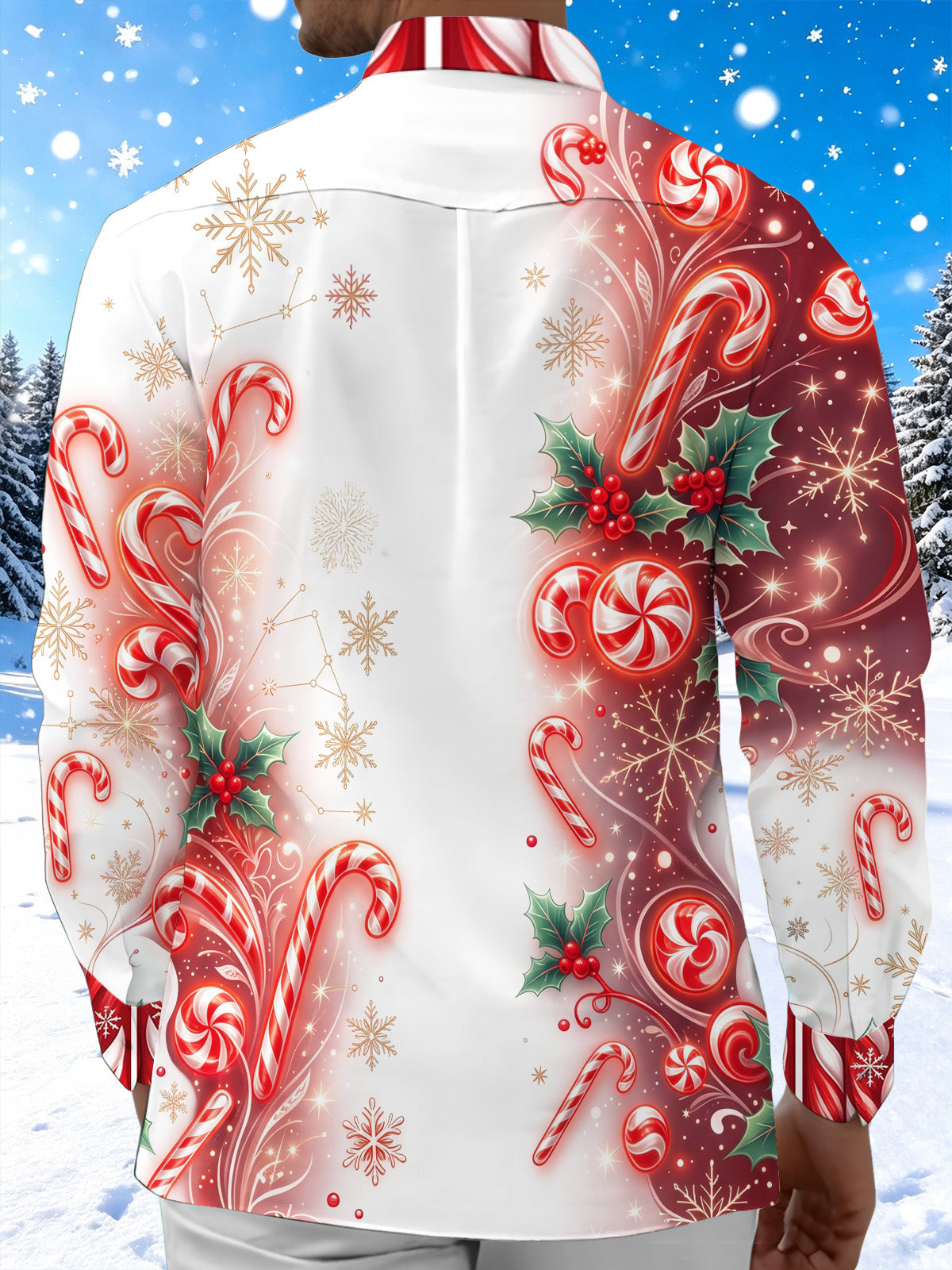 Oceanlyte Men's Christmas Candy Canes And Holly Berries Print Long Sleeve Shirt with Chest Pocket