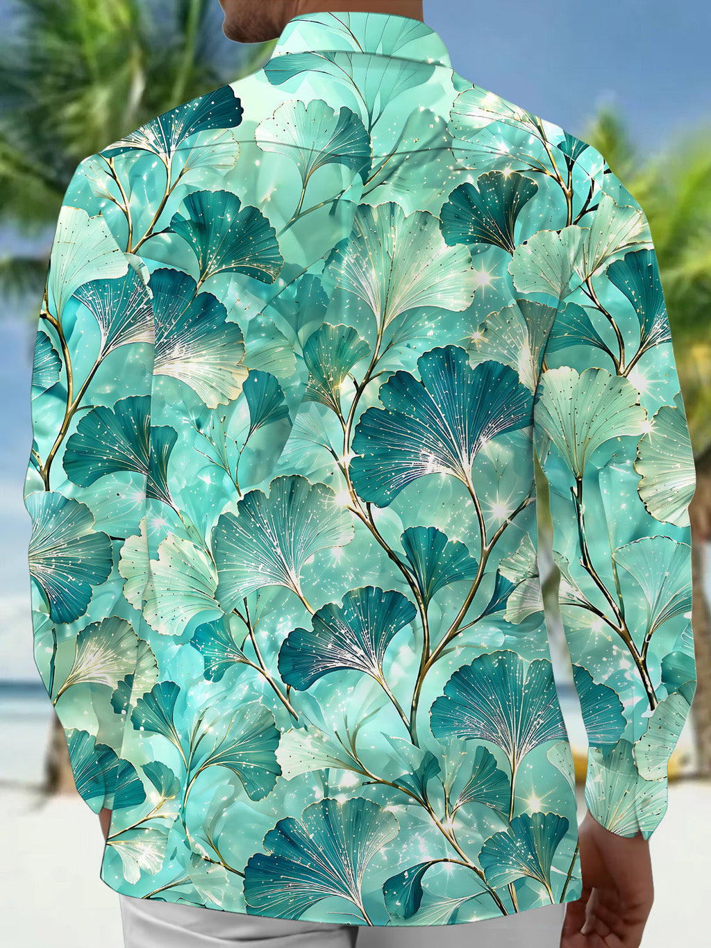 Oceanlyte Men's Hawaiian Ginkgo Leaf Pattern Long Sleeve Shirt with Chest Pocket