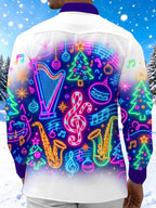 Oceanlyte Men's Long Sleeve Shirt - Neon Musical Instruments And Christmas Ornaments Print with Chest Pocket