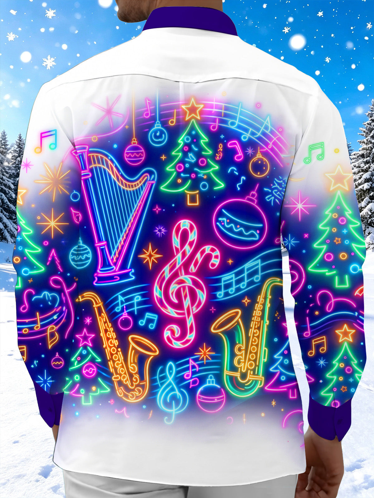 Oceanlyte Men's Long Sleeve Shirt - Neon Musical Instruments And Christmas Ornaments Print with Chest Pocket