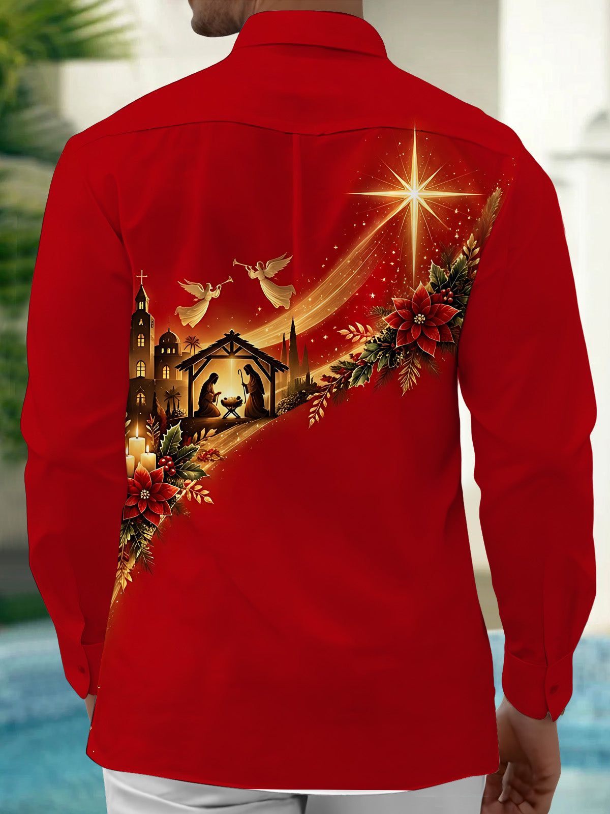 Oceanlyte Men's Nativity Scene With Poinsettias And Star Print Long Sleeve Shirt with Chest Pocket