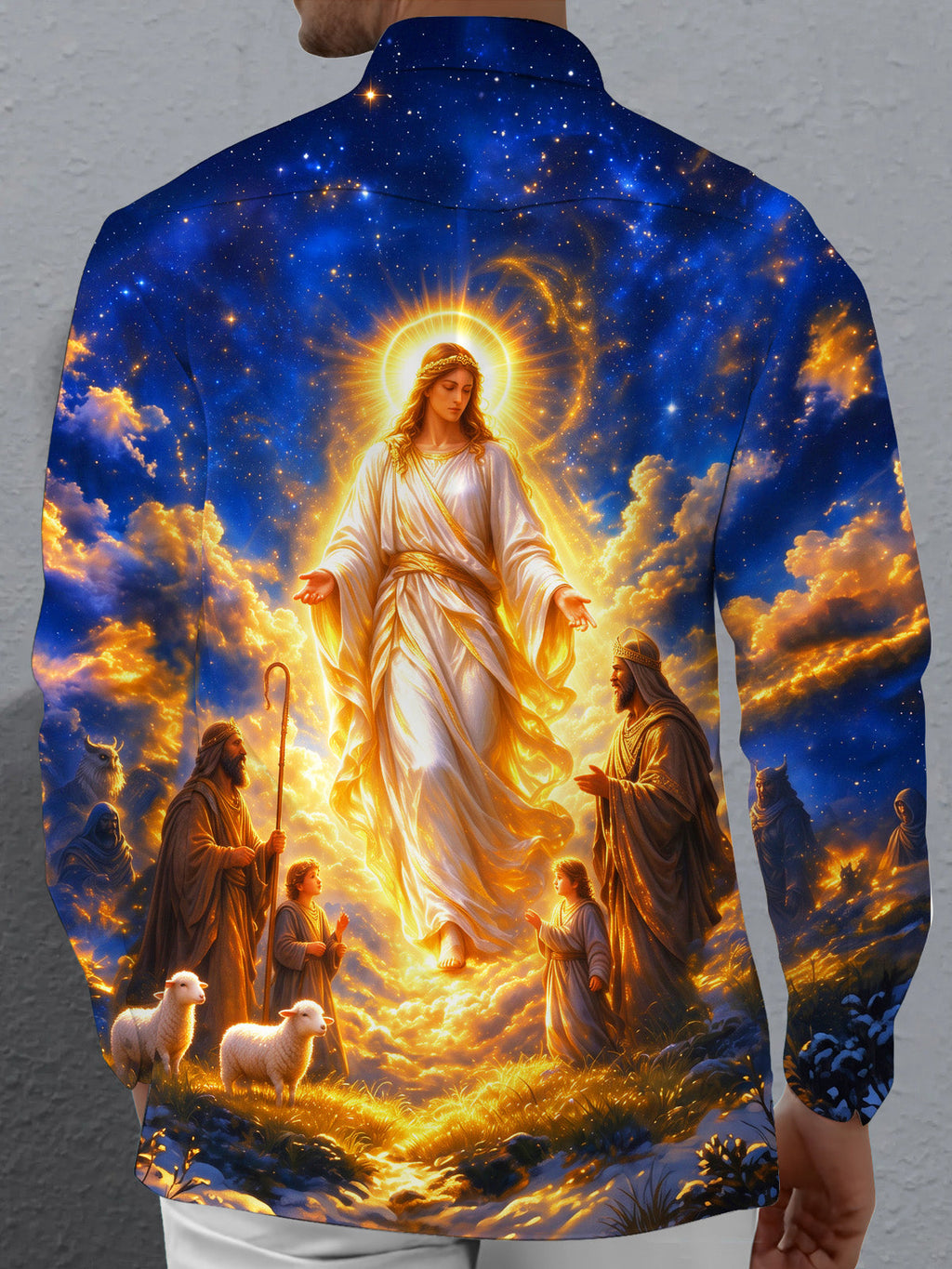 Oceanlyte Men's Angelic Figure With Shepherds And Sheep Print Long Sleeve Shirt with Chest Pocket