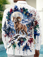 Oceanlyte Men's Antelope In Snowy Mountain Landscape Print Long Sleeve Shirt with Chest Pocket