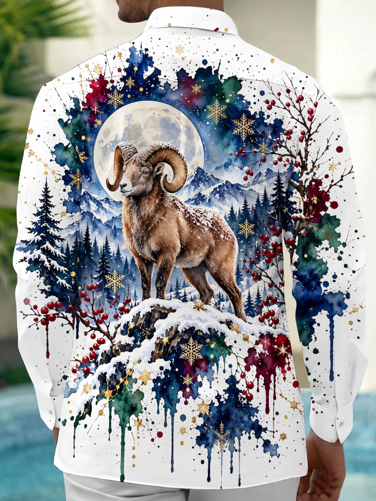 Oceanlyte Men's Antelope In Snowy Mountain Landscape Print Long Sleeve Shirt with Chest Pocket