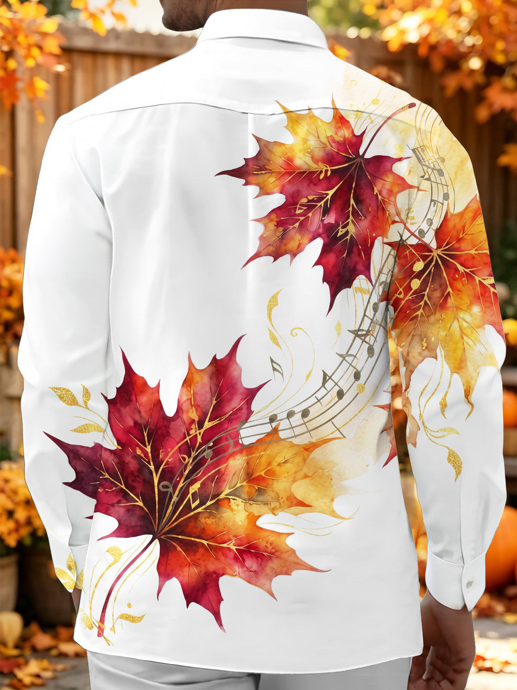Oceanlyte Men's Autumn Maple Leaves And Music Score Print Long Sleeve Shirt with Chest Pocket