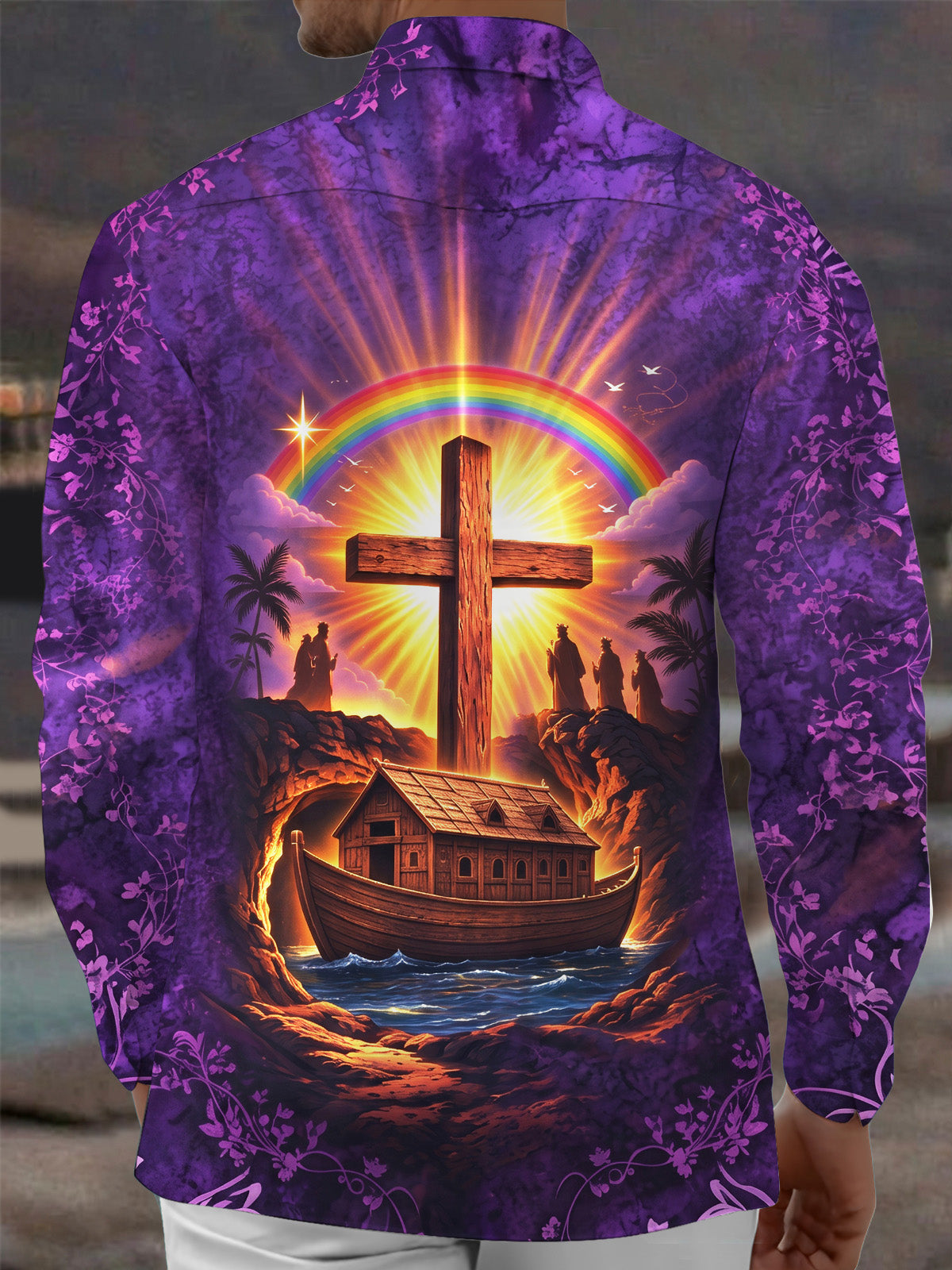 Oceanlyte Men's Hawaiian Noahs Ark And Holy Cross Print Long Sleeve Shirt with Chest Pocket