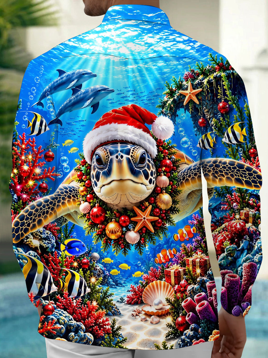 Oceanlyte Men's Long Sleeve Shirt - Sea Turtle Wearing Santa Hat And Christmas Wreath Print with Chest Pocket