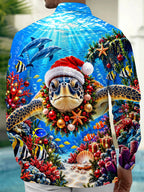 Oceanlyte Men's Long Sleeve Shirt - Sea Turtle Wearing Santa Hat And Christmas Wreath Print with Chest Pocket