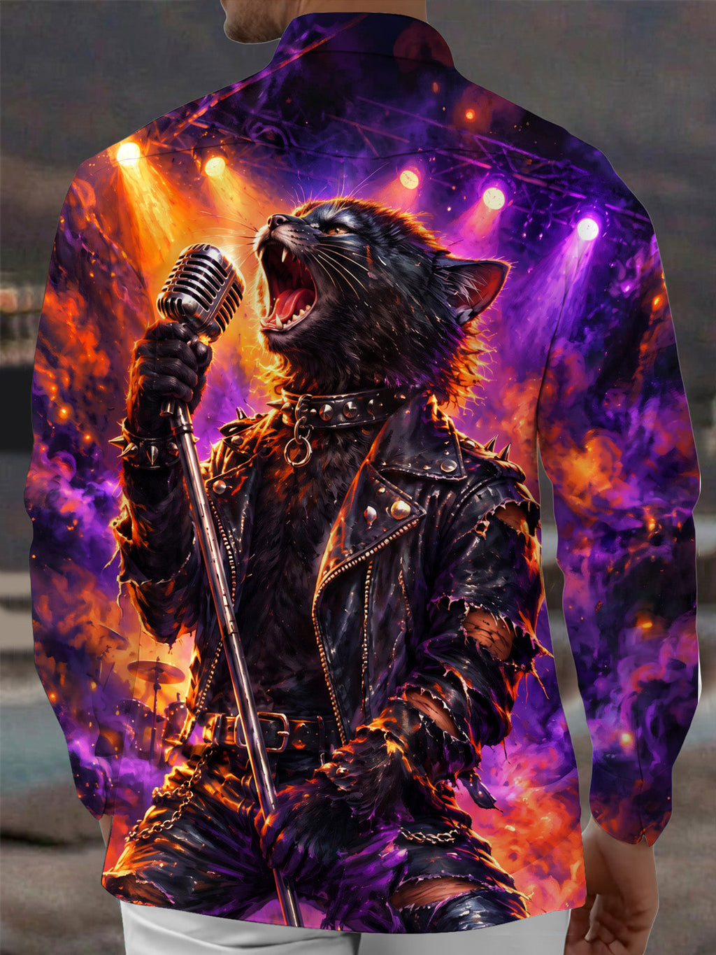 Oceanlyte Men's Long Sleeve Shirt - Rock Black Cat With Microphone And Leather Jacket Print with Chest Pocket