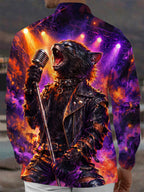 Oceanlyte Men's Long Sleeve Shirt - Rock Black Cat With Microphone And Leather Jacket Print with Chest Pocket