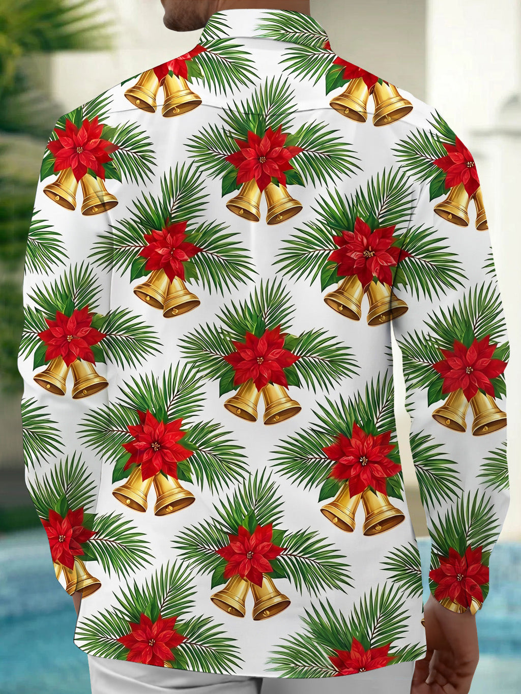 Oceanlyte Men's Hawaiian Christmas Poinsettia And Bells Print Long Sleeve Shirt