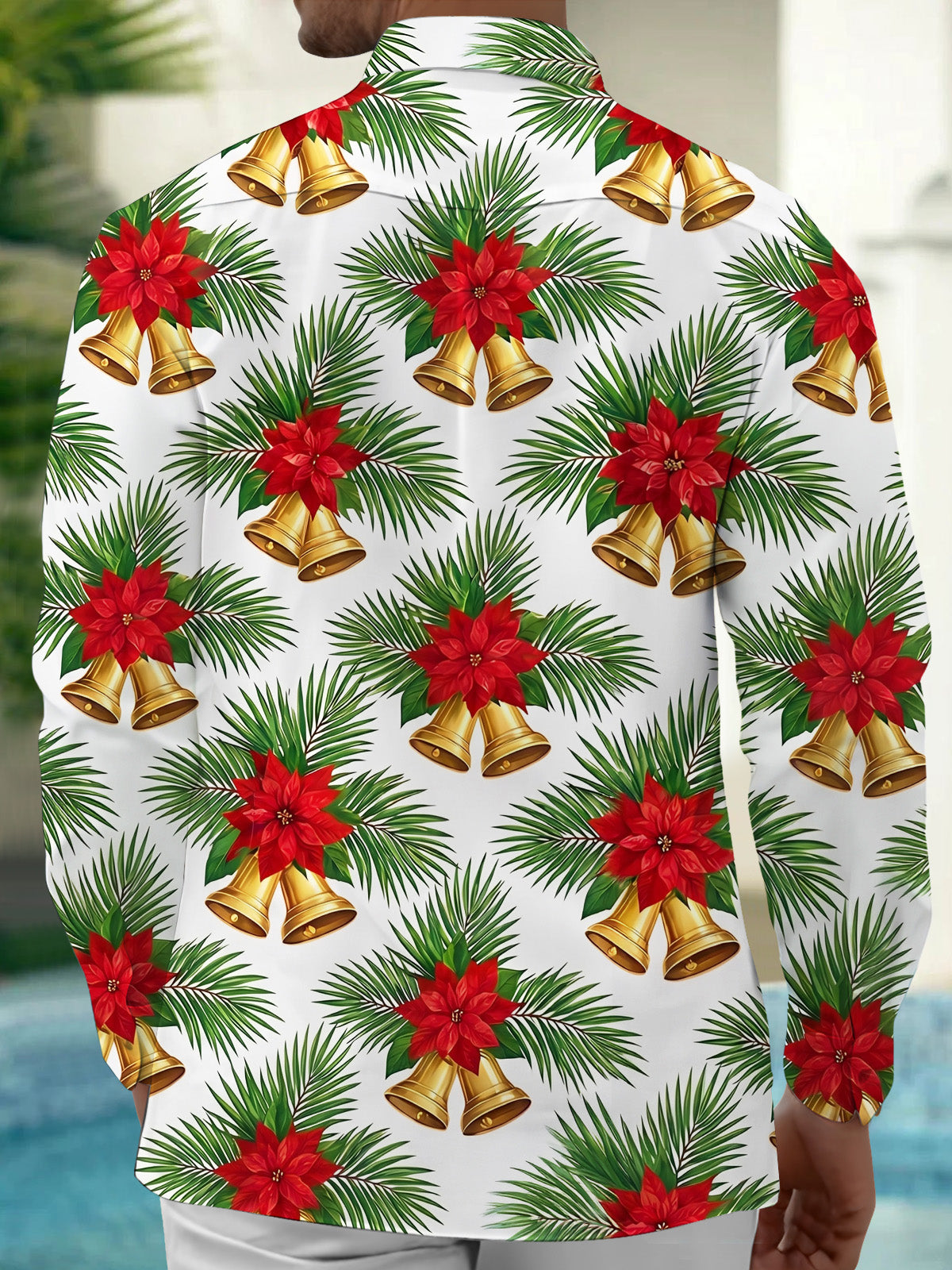 Oceanlyte Men's Hawaiian Christmas Poinsettia And Bells Print Long Sleeve Shirt
