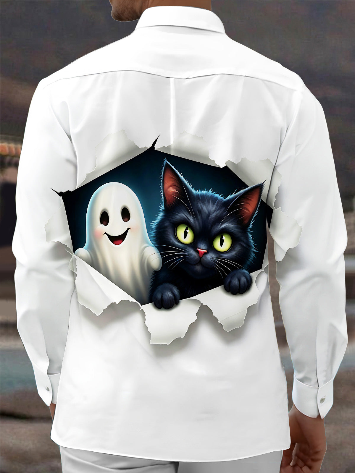 Oceanlyte Men's Graphic Halloween Black Cat And Ghost Print Long Sleeve Shirt with Chest Pocket