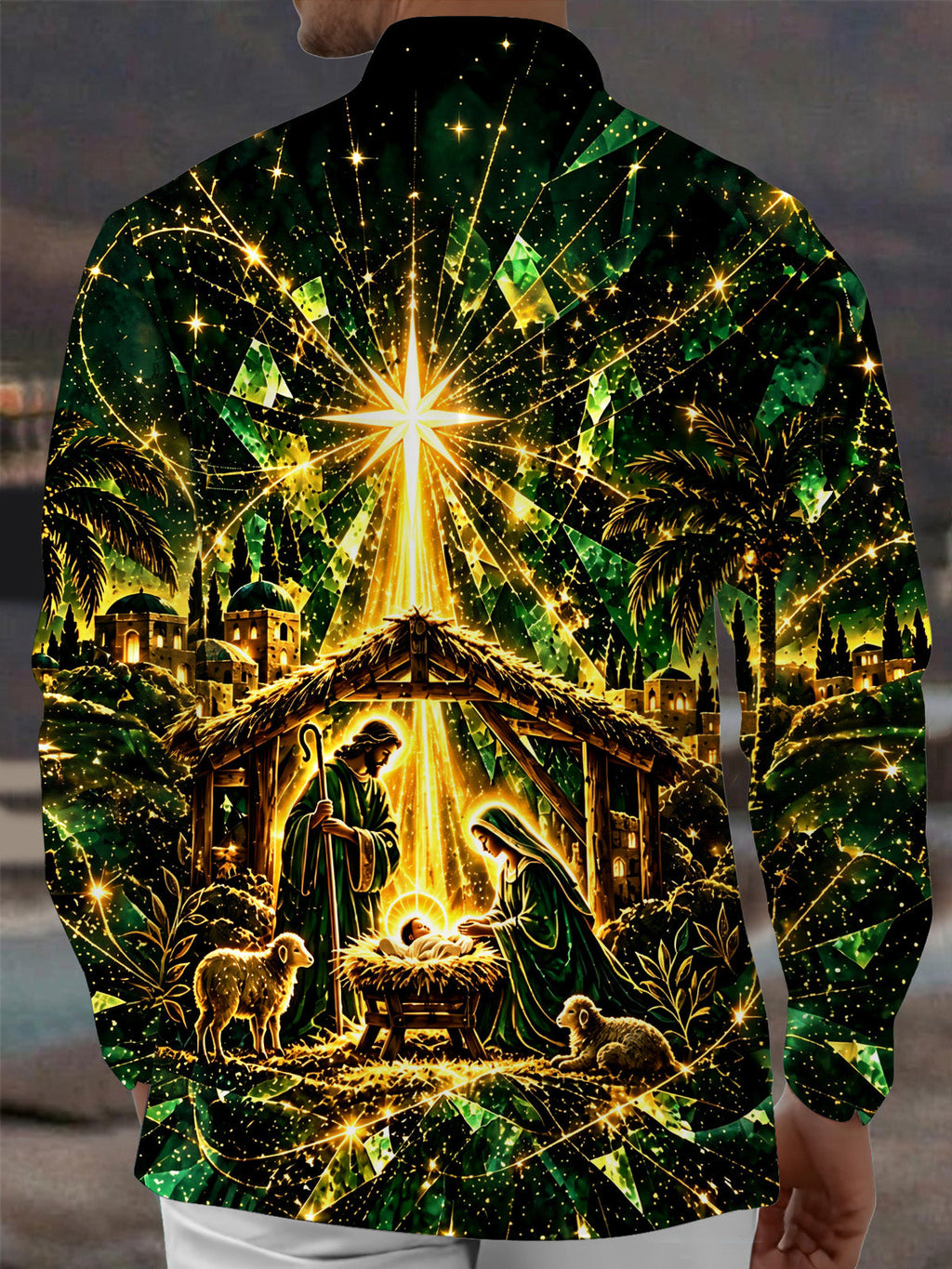 Oceanlyte Men's Long Sleeve Shirt - Nativity Scene With Mary Joseph Baby Jesus And Sheep Print with Chest Pocket