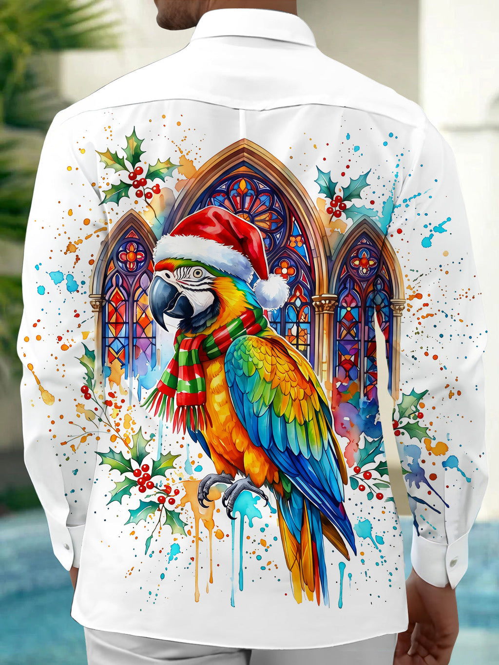 Oceanlyte Men's Long Sleeve Shirt - Christmas Parrot With Santa Hat And Scarf Print with Chest Pocket
