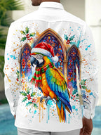 Oceanlyte Men's Long Sleeve Shirt - Christmas Parrot With Santa Hat And Scarf Print with Chest Pocket