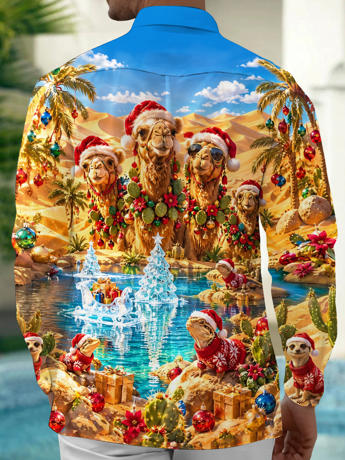 Oceanlyte Men's Camels And Lizards In Christmas Attire Print Long Sleeve Shirt with Chest Pocket