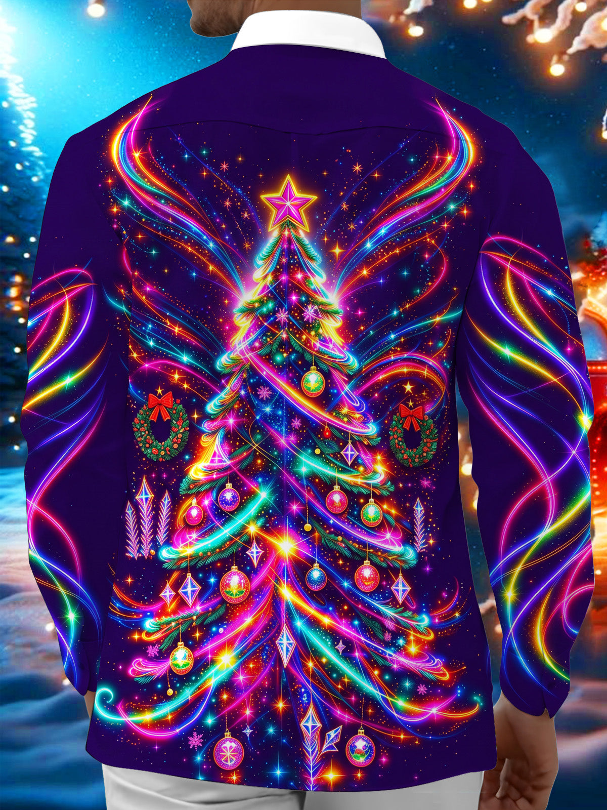 Oceanlyte Men's Long Sleeve Shirt - Neon Christmas Tree With Ornaments And Wreaths Print with Chest Pocket