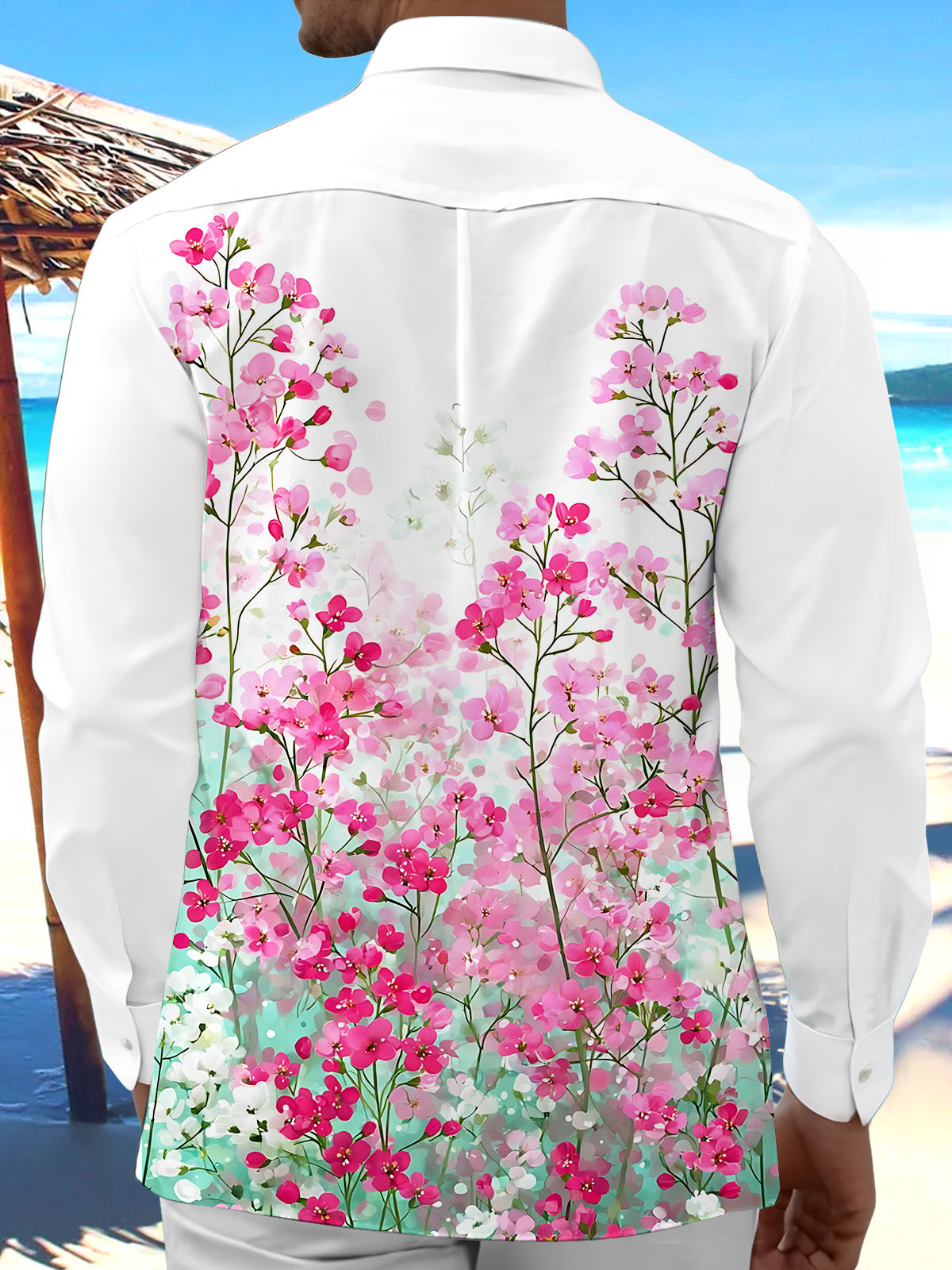 Oceanlyte Men's Floral Pink Flower Print Floral Pattern Long Sleeve Shirt with Chest Pocket