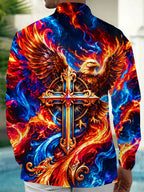 Oceanlyte Men's Graphic Flaming Eagle And Holy Cross Print Long Sleeve Shirt with Chest Pocket
