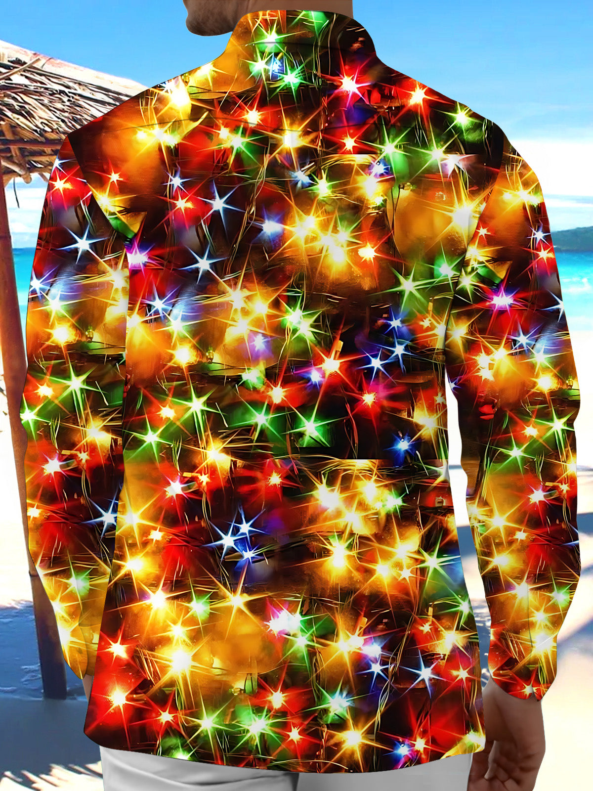 Oceanlyte Men's Printed Colorful Christmas Lights Print Long Sleeve Shirt with Chest Pocket