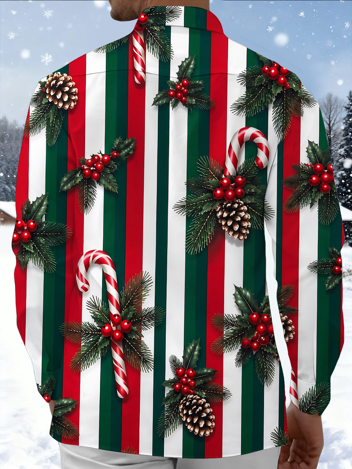 Oceanlyte Men's Christmas Candy Canes And Pine Cones Print Long Sleeve Shirt with Chest Pocket