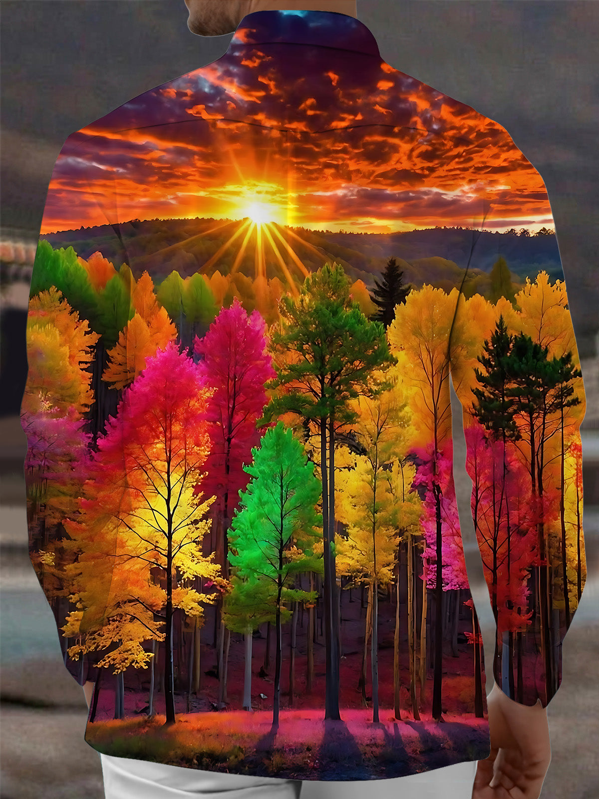 Oceanlyte Men's Printed Autumn Forest Sunset Print Long Sleeve Shirt with Chest Pocket