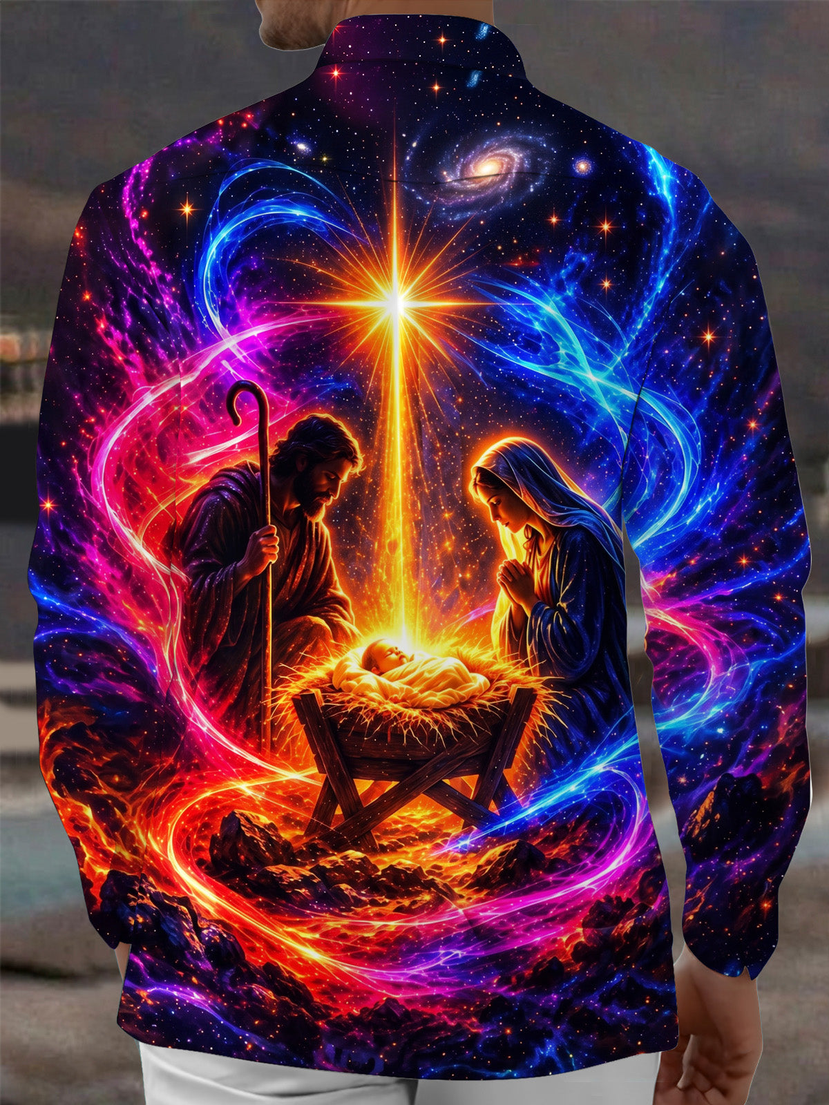 Oceanlyte Men's Long Sleeve Shirt - Nativity Scene With Mary Joseph And Baby Jesus Print with Chest Pocket