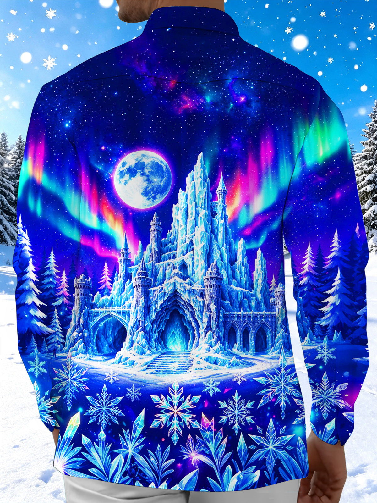 Oceanlyte Men's Graphic Ice Castle And Full Moon Print Long Sleeve Shirt with Chest Pocket