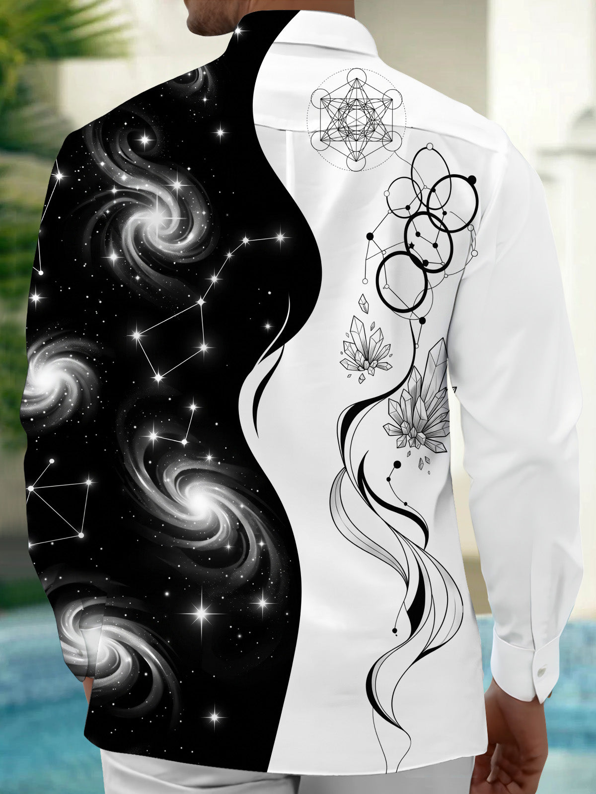 Oceanlyte Men's Printed Constellation Nebula And Crystal Print Long Sleeve Shirt with Chest Pocket