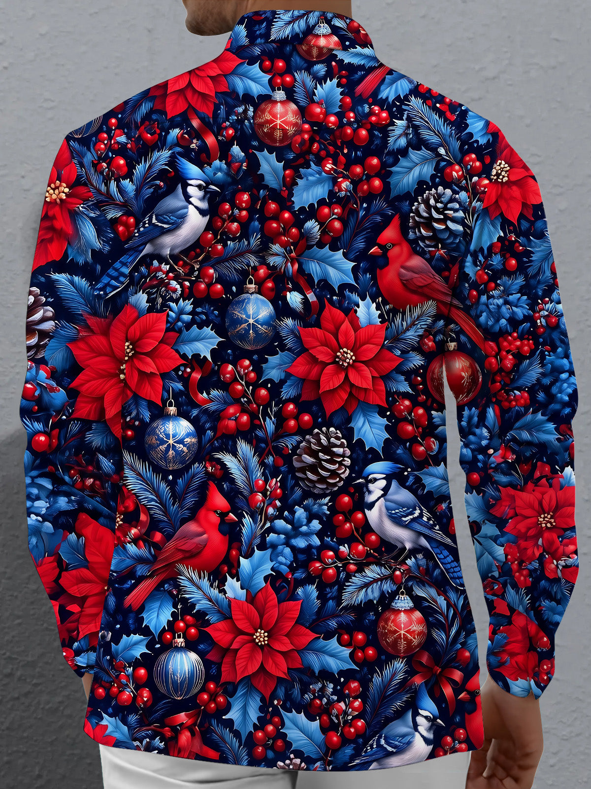Oceanlyte Men's Printed Christmas Birds And Ornaments Print Long Sleeve Shirt with Chest Pocket