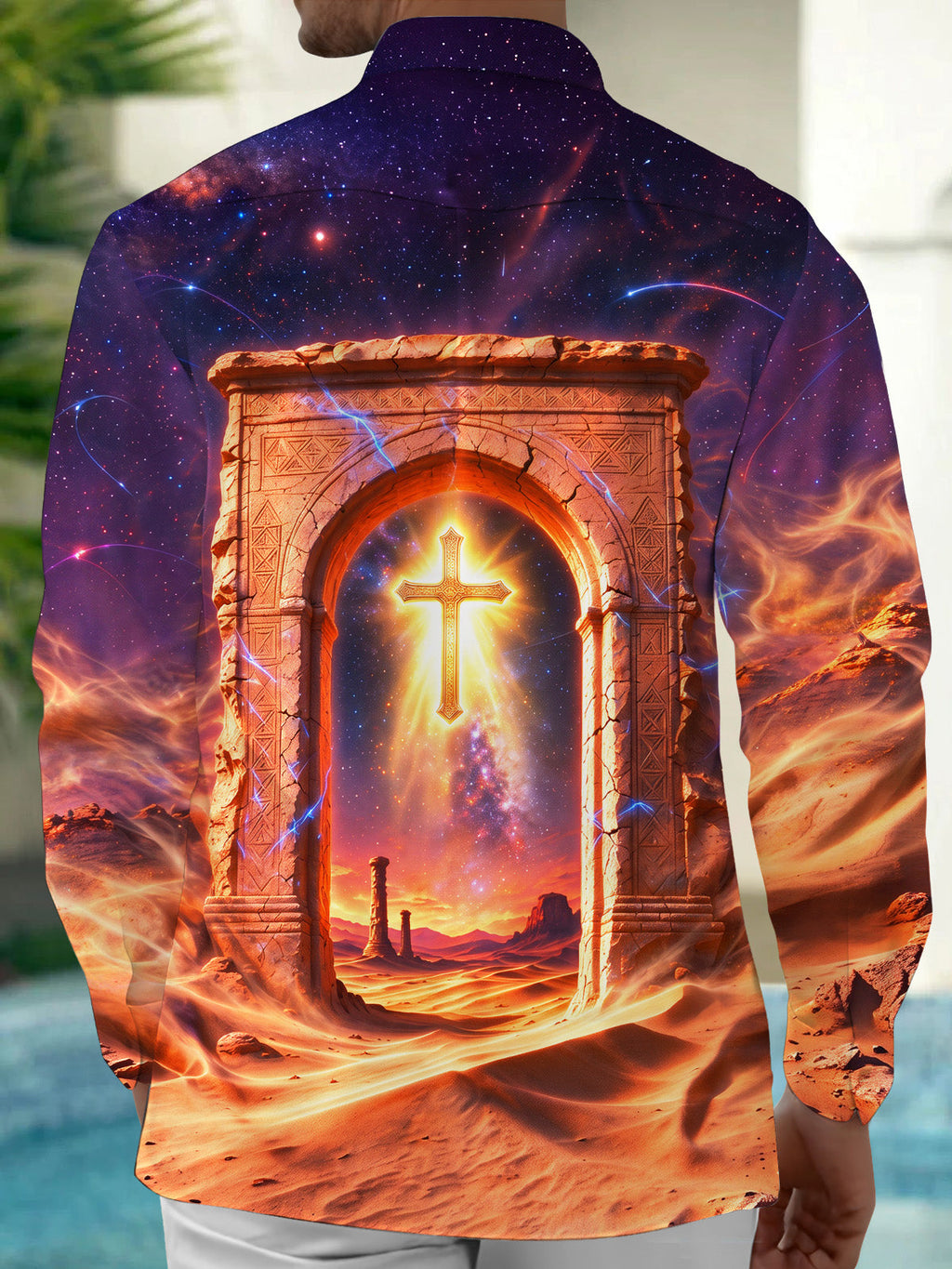 Oceanlyte Men's Long Sleeve Shirt - Desert Arch And Glowing Cross With Galaxy Sky Print with Chest Pocket