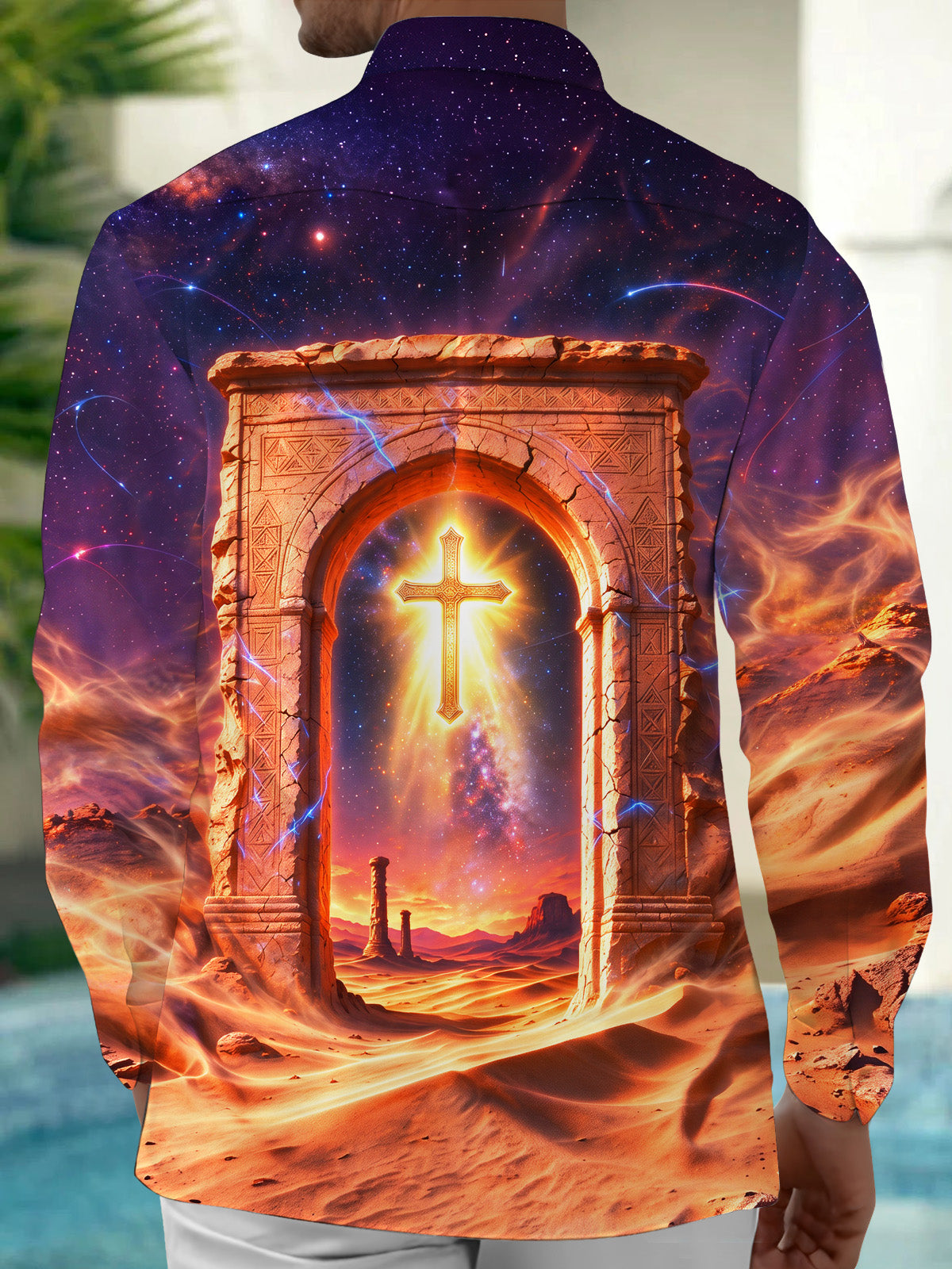Oceanlyte Men's Long Sleeve Shirt - Desert Arch And Glowing Cross With Galaxy Sky Print with Chest Pocket