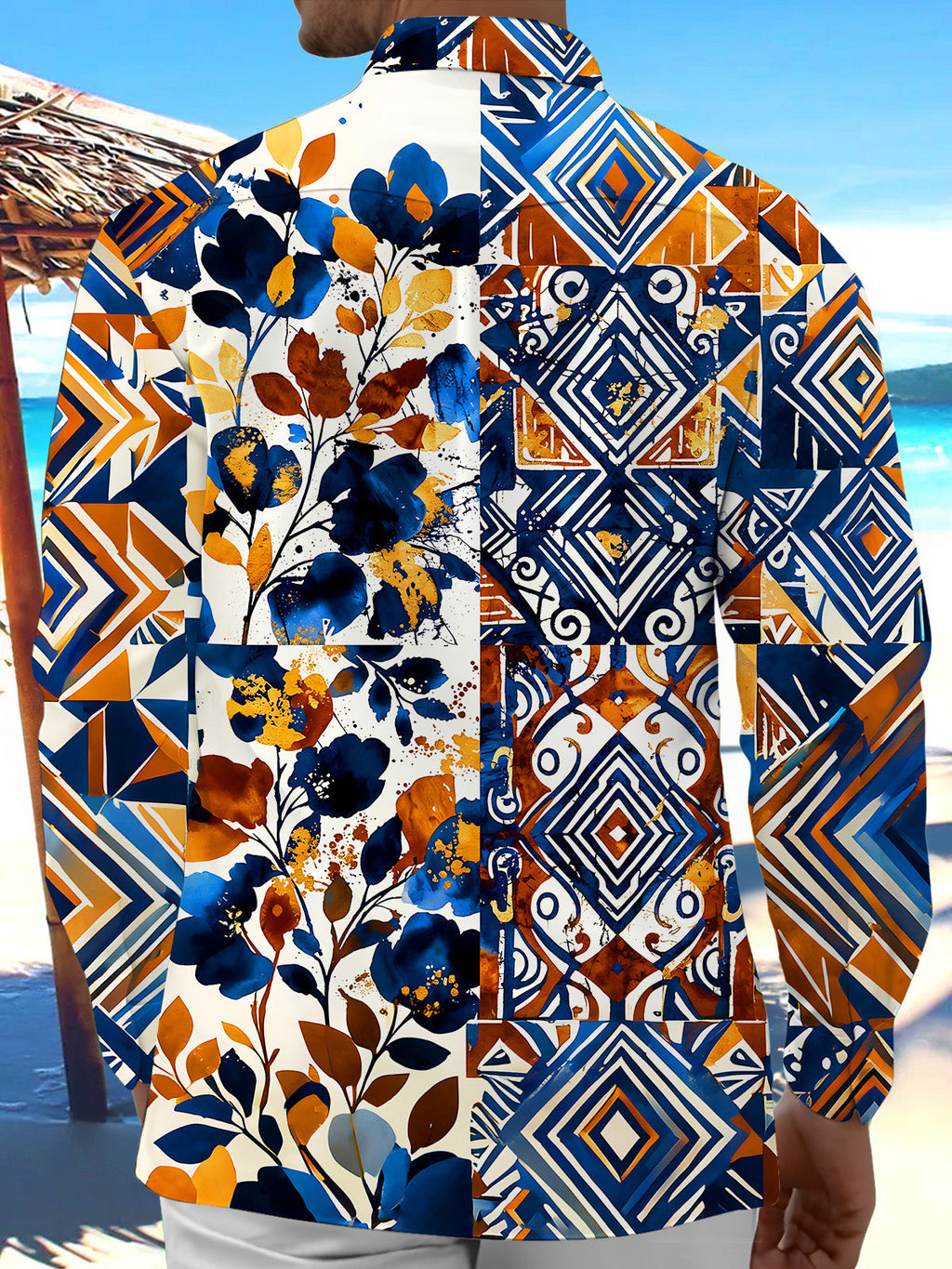 Oceanlyte Men's Printed Geometric Floral Collage Print Long Sleeve Shirt with Chest Pocket