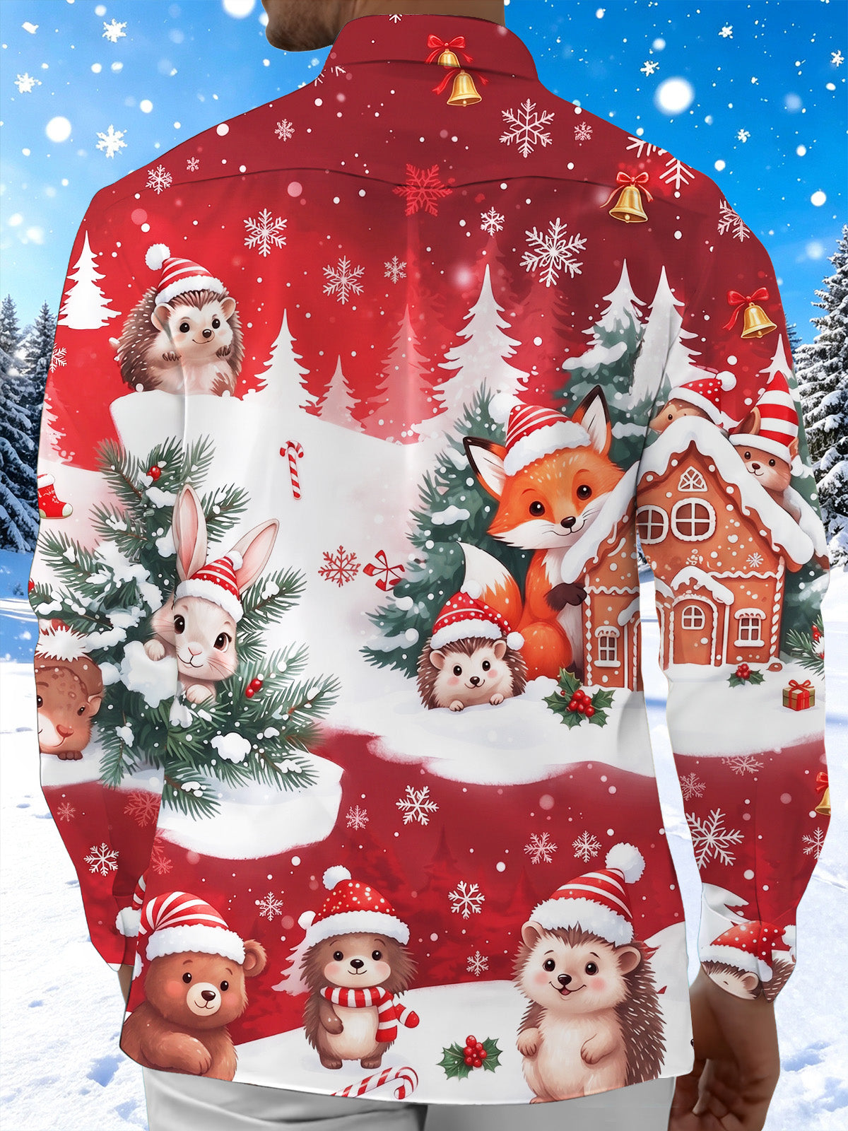 Oceanlyte Men's Long Sleeve Shirt - Cute Animals In Snowy Forest With Gingerbread House Print with Chest Pocket