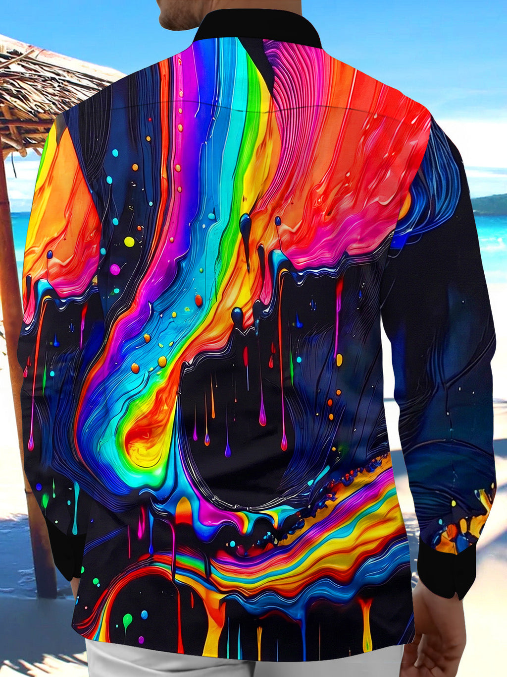 Oceanlyte Men's Graphic Abstract Rainbow Dripping Paint Print Long Sleeve Button Down Shirt with Chest Pocket