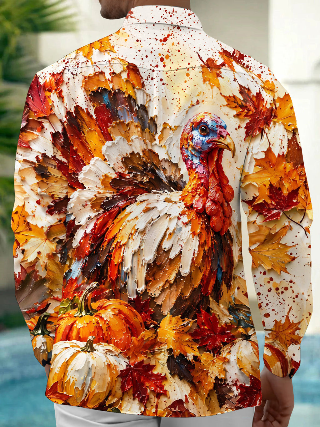 Oceanlyte Men's Long Sleeve Shirt - Thanksgiving Day Turkey And Autumn Leaves Print with Chest Pocket