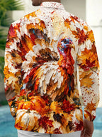 Oceanlyte Men's Long Sleeve Shirt - Thanksgiving Day Turkey And Autumn Leaves Print with Chest Pocket
