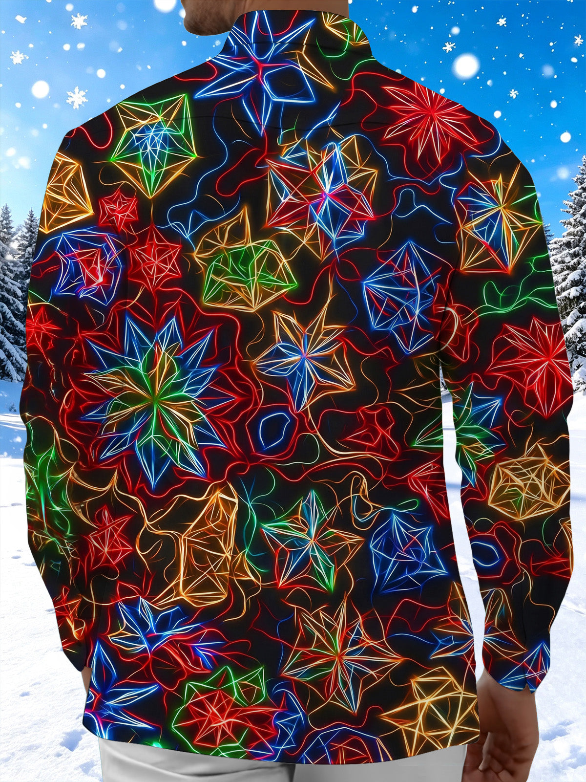Oceanlyte Men's Patterned Neon Geometric Snowflakes Print Long Sleeve Shirt with Chest Pocket