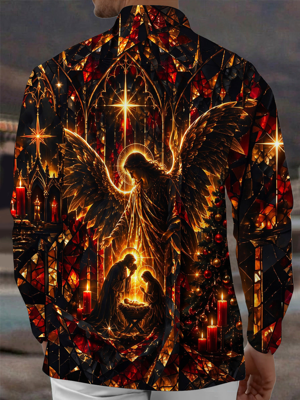 Oceanlyte Men's Stained Glass Nativity Scene With Angel Print Long Sleeve Shirt with Chest Pocket