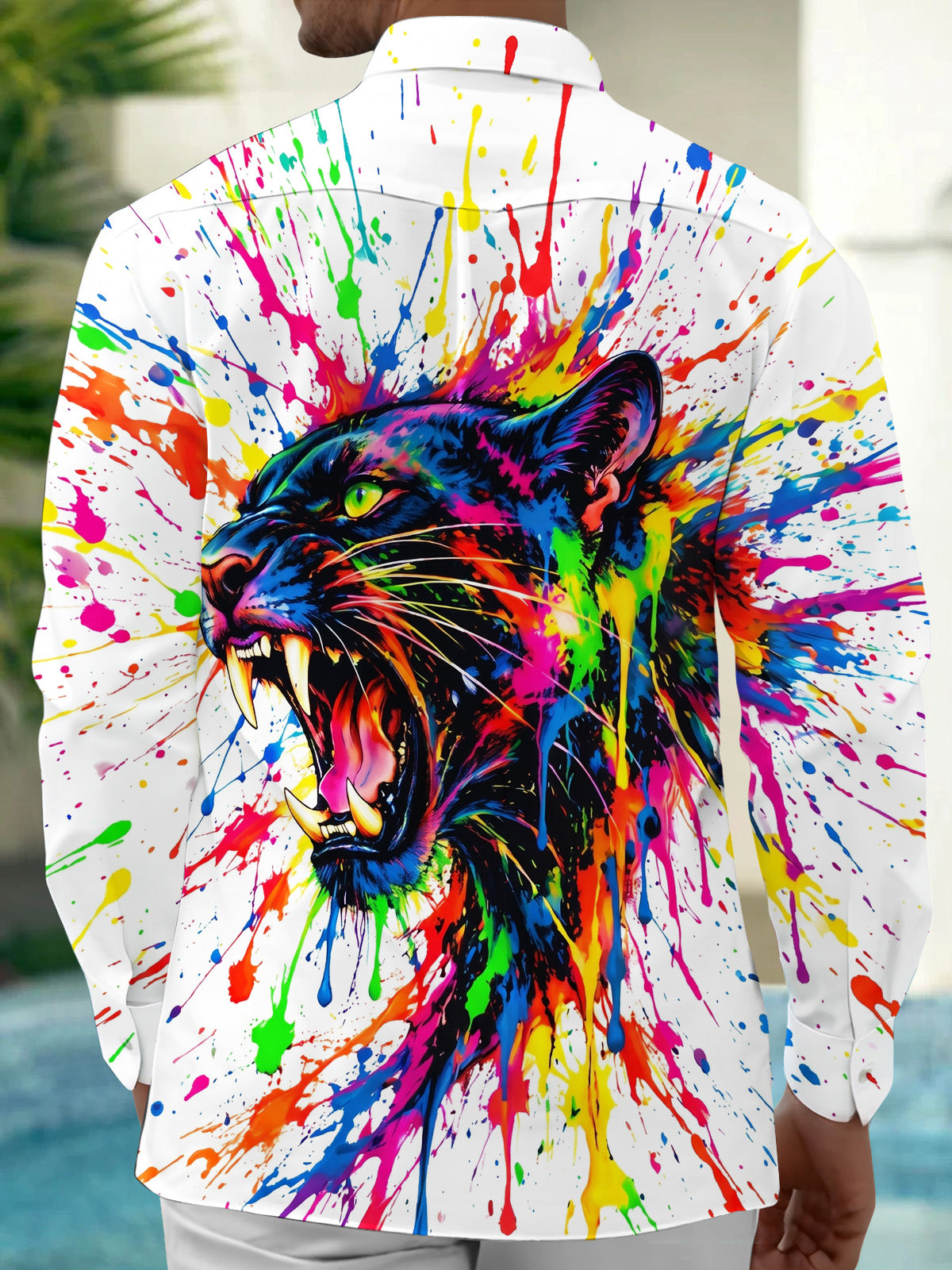 Oceanlyte Men's Graphic Colorful Paint Splatter Panther Print Long Sleeve Shirt with Chest Pocket