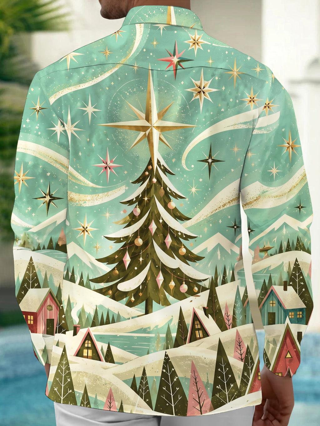 Oceanlyte Men's Christmas Tree And Winter Landscape Print Long Sleeve Shirt with Chest Pocket