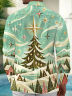 Oceanlyte Men's Christmas Tree And Winter Landscape Print Long Sleeve Shirt with Chest Pocket