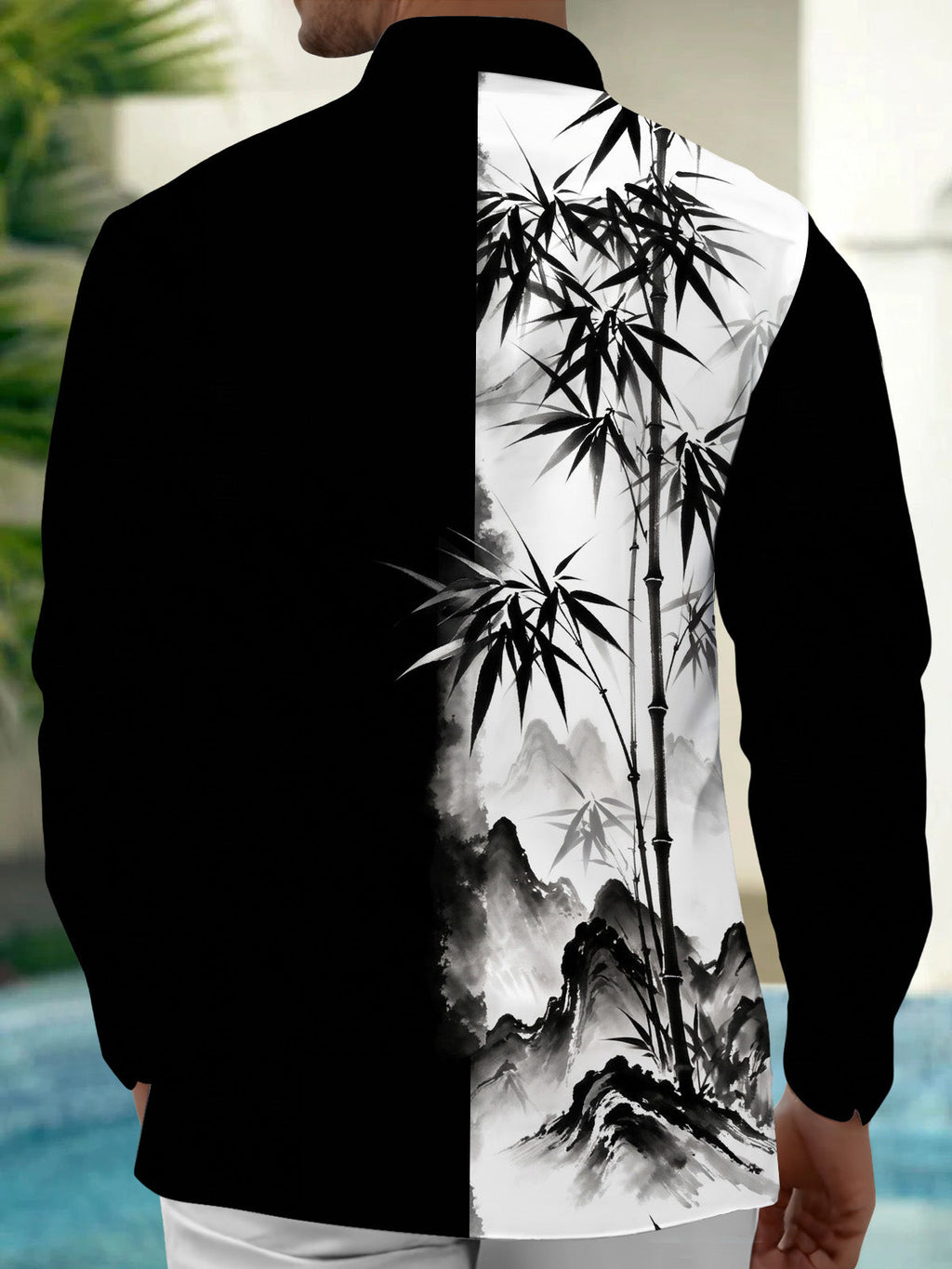 Oceanlyte Men's Ink Painting Bamboo And Mountains Print Long Sleeve Shirt with Chest Pocket