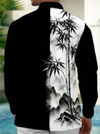 Oceanlyte Men's Ink Painting Bamboo And Mountains Print Long Sleeve Shirt with Chest Pocket