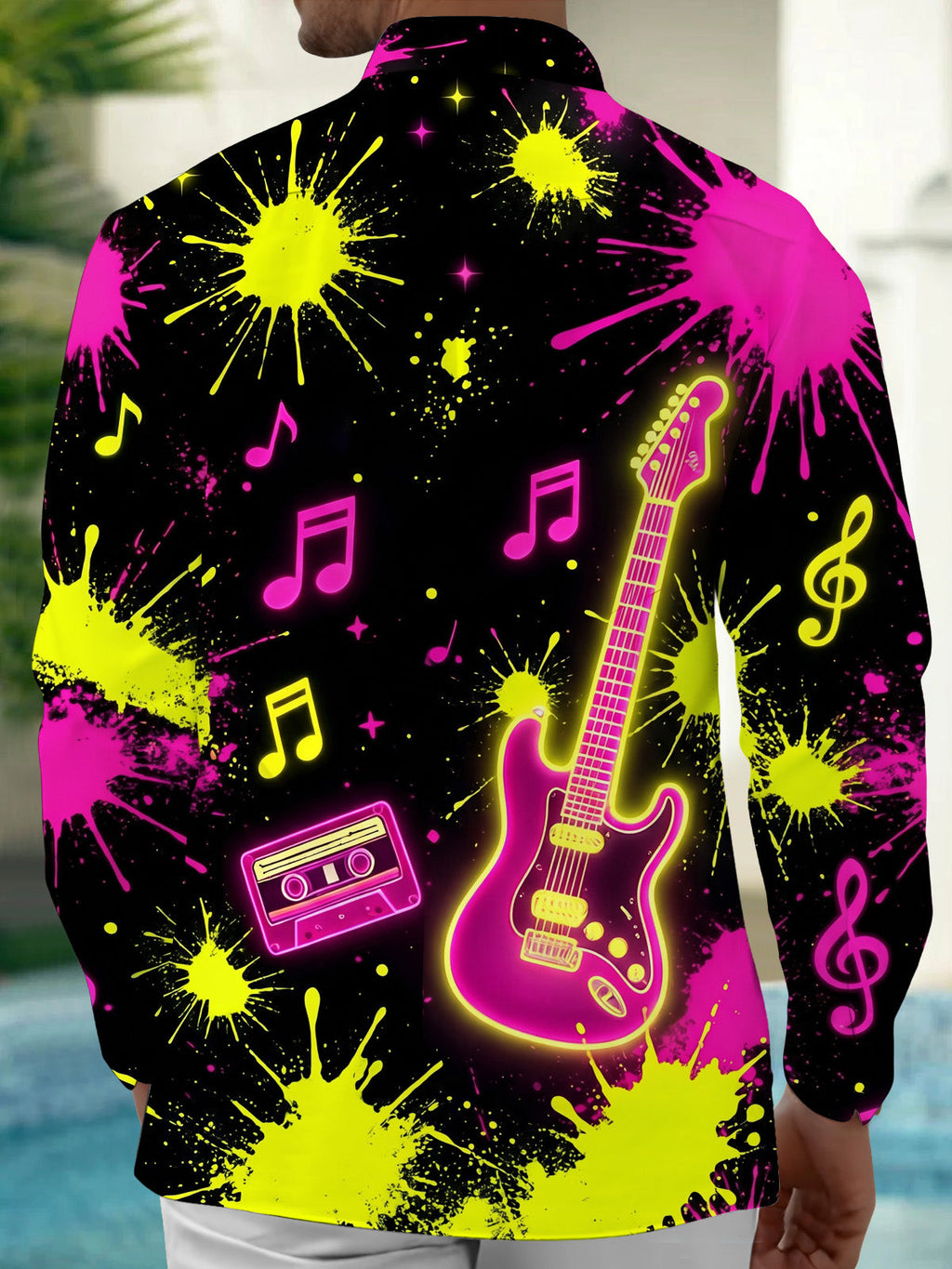 Oceanlyte Men's Neon Electric Guitar And Music Notes Print Long Sleeve Shirt with Chest Pocket